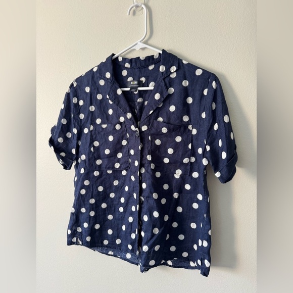Anthropologie Maeve Women Buttondown Surf Linen Navy Dot Shirt Top Sz XS - Picture 5 of 13